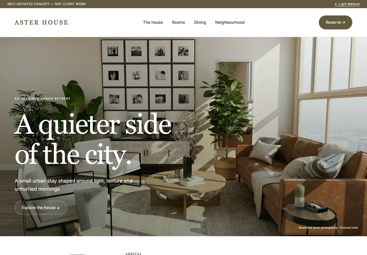Aster House hotel homepage with a sunlit room, editorial typography and reservation navigation