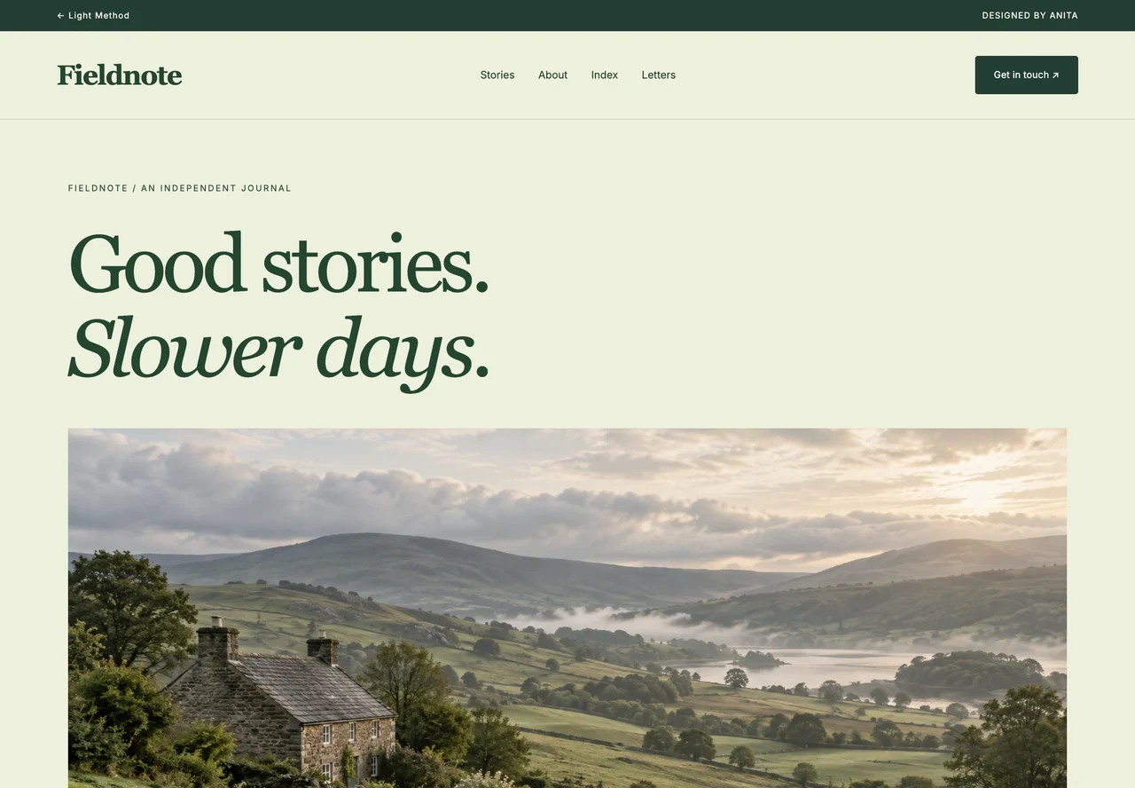 Fieldnote magazine homepage with a bold masthead, countryside photography and an editorial story grid