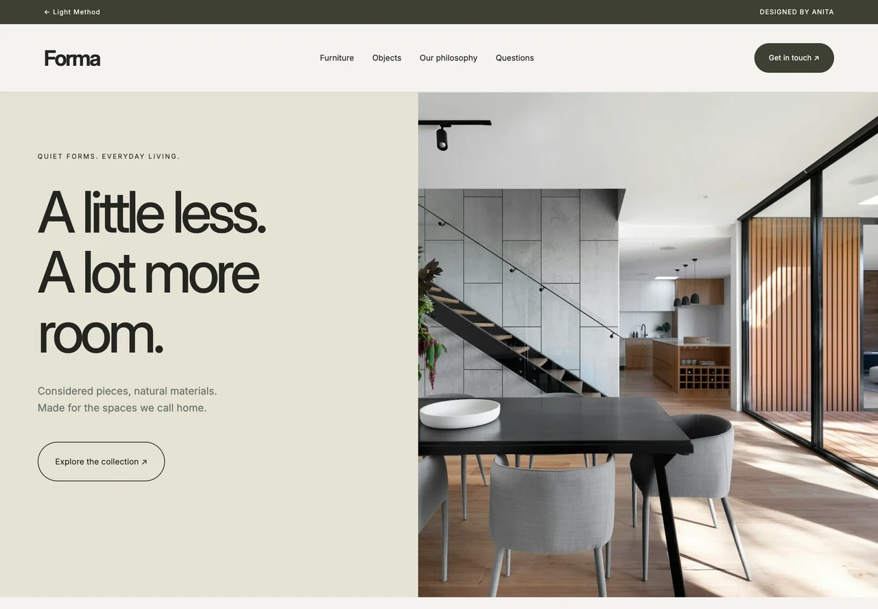 Forma furniture homepage with a warm minimalist interior, product collection and considered typography