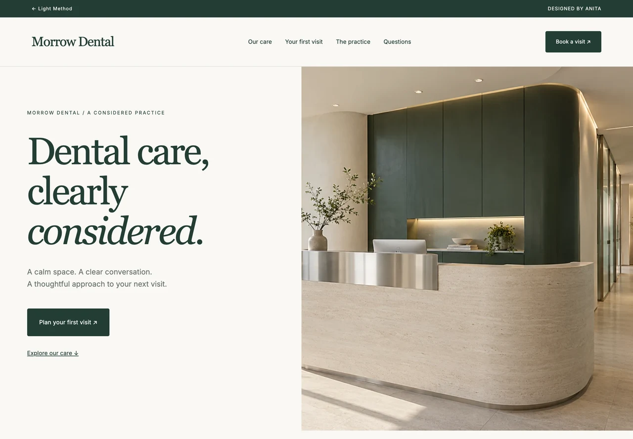 Morrow Dental with a forest green and warm white practice design