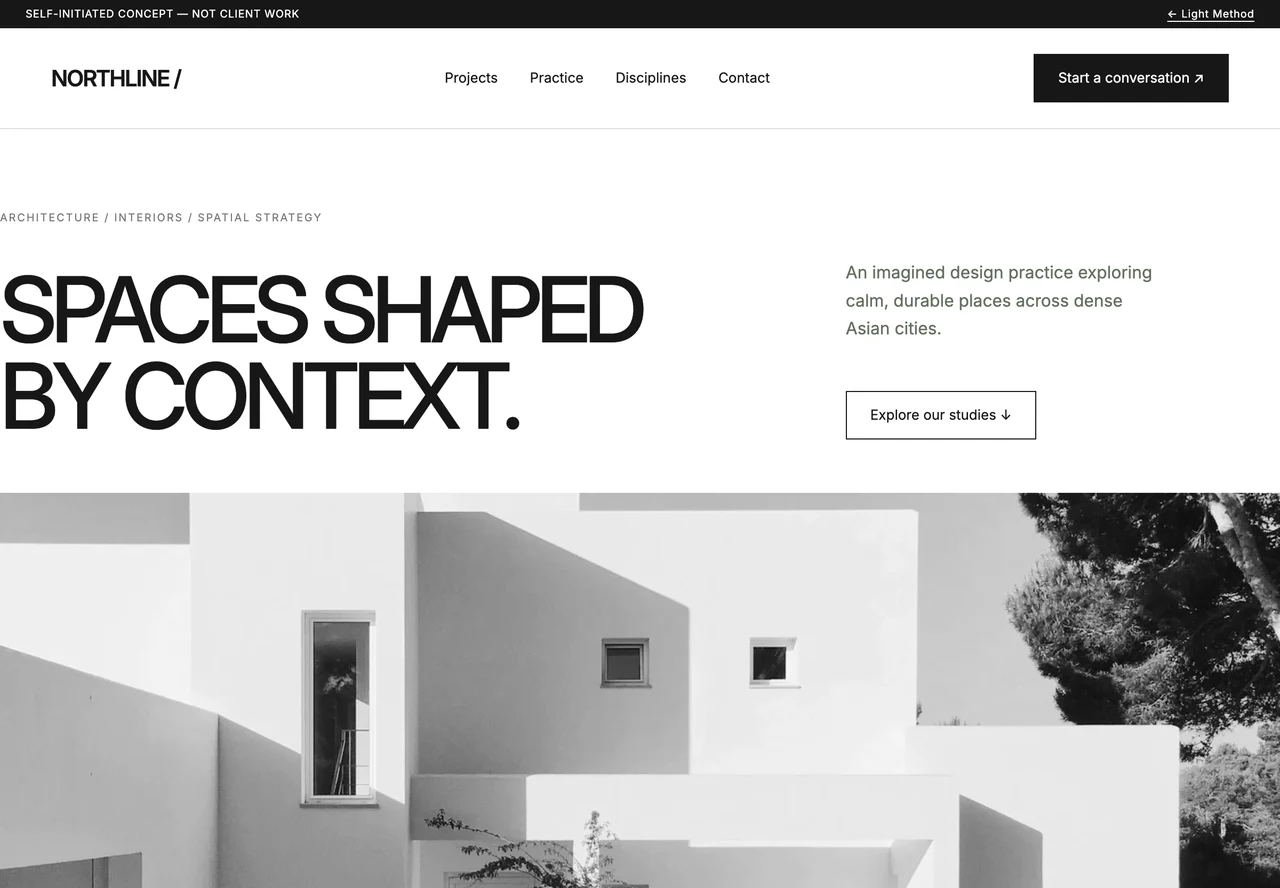 Northline Studio architectural homepage with oversized typography and a monochrome project archive