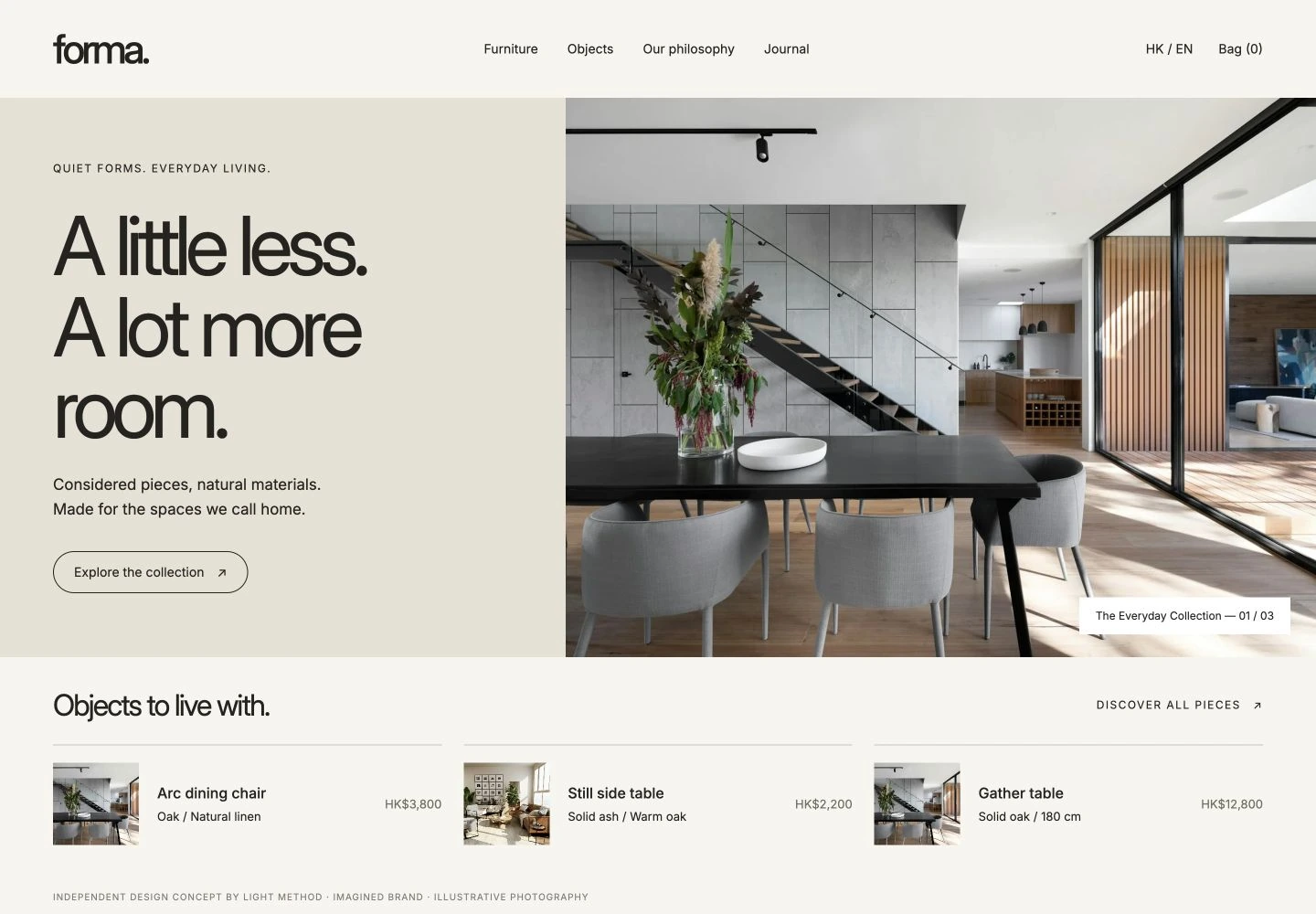 Forma furniture homepage with a warm minimalist interior, product collection and considered typography